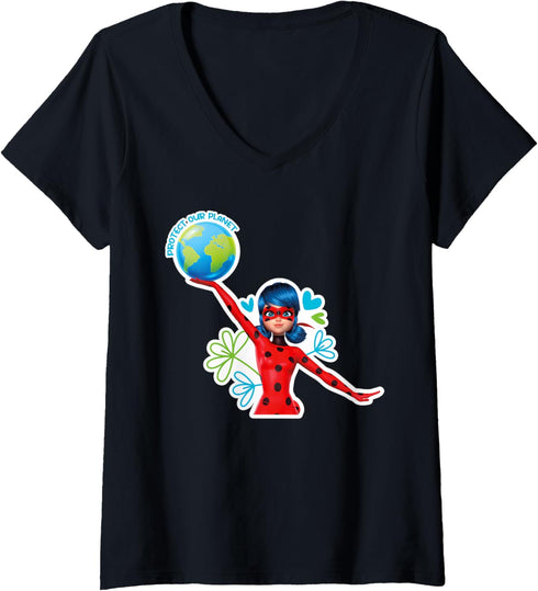 Womens Miraculous Ladybug Action Protect Our Planet V-Neck T-Shirt...