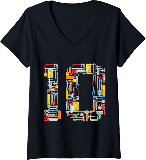 Womens 10th Birthday Construction Building Tools Kids 10 Year Old V-Neck T-Shirt...