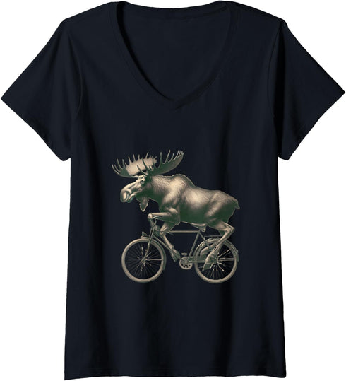 Womens Moose Riding A Bicycle | Pencil Drawing Moose Bike Lovers V-Neck T-Shirt...