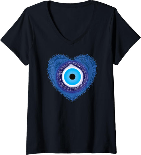 Womens Evil Eye Protect Against Evil Greek Heart of Love Graphic V-Neck T-Shirt...