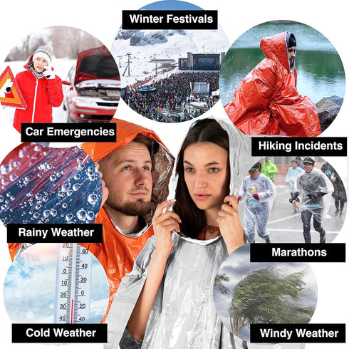 aZengear Emergency Survival Poncho (4pc) Thermal Mylar Foil Coating Blanket for Heat Retention and Rain | Reversible with Hood | Waterproof, Windp...