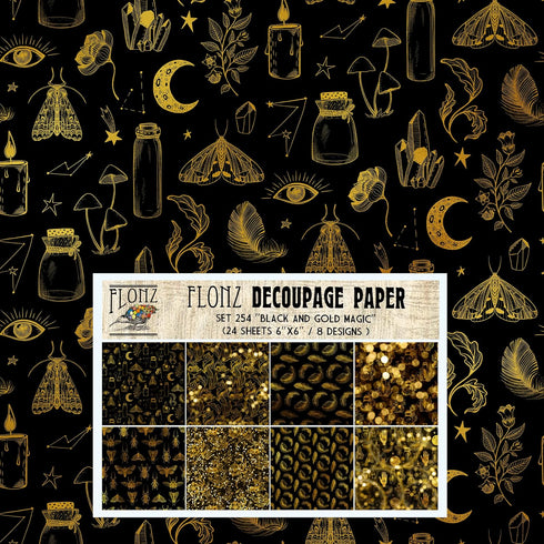 Decoupage Paper Pack (24 Sheets 6"x6") Black and Gold Magic # Vintage Styled Pattern Paper for Decoupage, Craft and Scrapbooking...