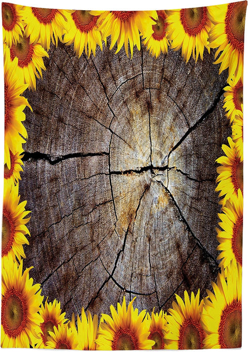 Lunarable Sunflower Outdoor Tablecloth, Cut Section Wood Stump Sunflowers Tree Trunk Rustic Ornamental, Decorative Washable Picnic Table Cloth, 58...