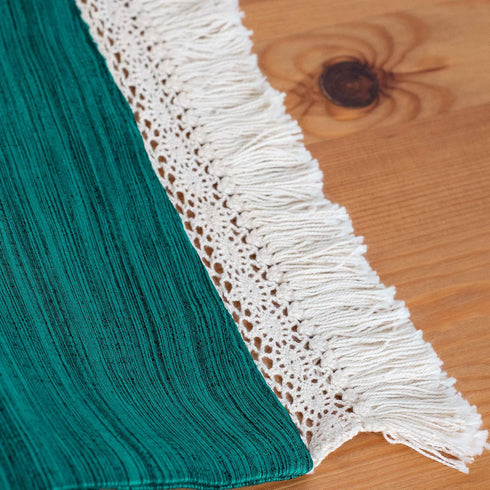 Teal Green Kitchen Table Runners With Macrame Lace Boho Decor (13x90 inch, Pack of 1) Fabric Lined | Properly Finished, No Fray Edges | for Home, ...