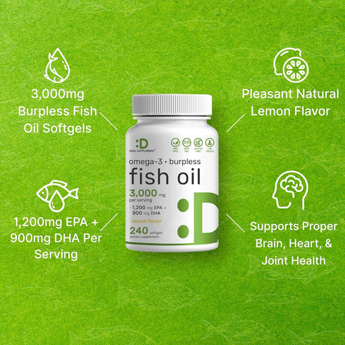 DEAL SUPPLEMENT Omega 3 Fish Oil Supplements, 3,000mg Per Serving, 240 Softgels – EPA 1,200mg + DHA 900mg – Burpless Pills, Lemon Flavored, Wild C...