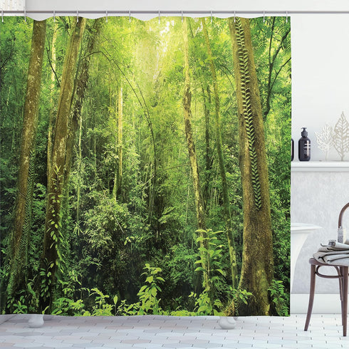 Ambesonne Rainforest Decorations Shower Curtain Set, Tropical Rainforest Landscape Malaysia Asia Green Tree Trunks Uncultivated Wood, Bathroom Acc...