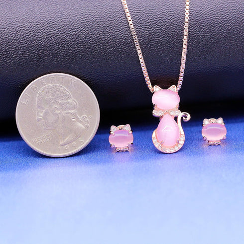 Uloveido Cute Cat Shape Pink CrystaL Studs Earrings and Pendant Necklace for Teen Girls Y404...