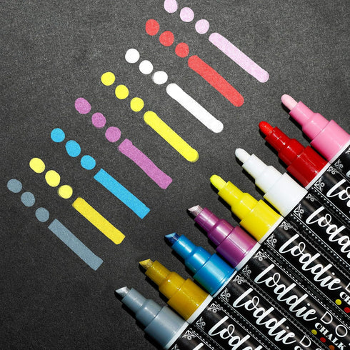 Loddie Doddie Liquid Chalk Markers | Dust Free Chalk Pens - Perfect for Chalkboards, Blackboards, Windows and Glass | 6mm Reversible Bullet & Chis...