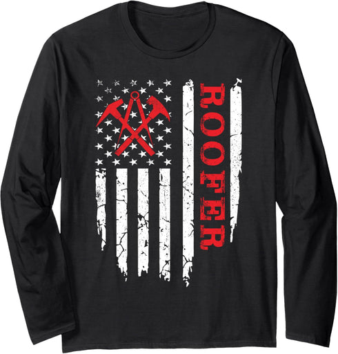 Roofer Vintage USA American Flag 4th of July Roofing Long Sleeve T-Shirt...