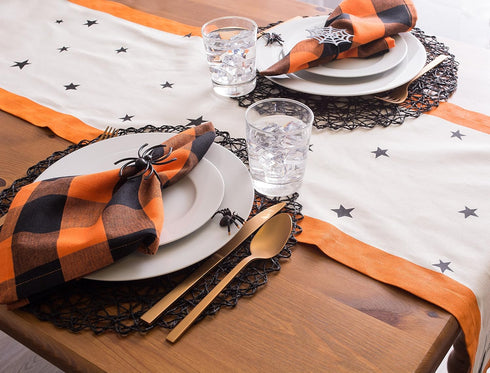 DII Halloween Tabletop Collection Bold Black Stars/Spooky Spider with Orange Border on Off-White Natural Background, Machine Washable, 14x72 Table...