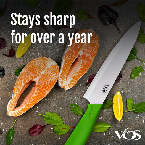 Vos Ceramic Chef Knife 8 Inch with Protection Cover – Large Ceramic Kitchen Knife for Slicing, Dicing, and Fruits – Lightweight Zirconia Blade – L...