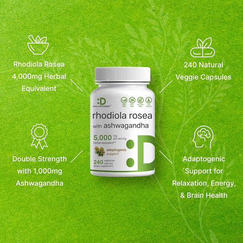 DEAL SUPPLEMENT Rhodiola Rosea with Ashwagandha 5,000mg Per Serving, 240 Veggie Capsules – Max Strength 10:1 Root Extract – Adaptogenic Supplement...