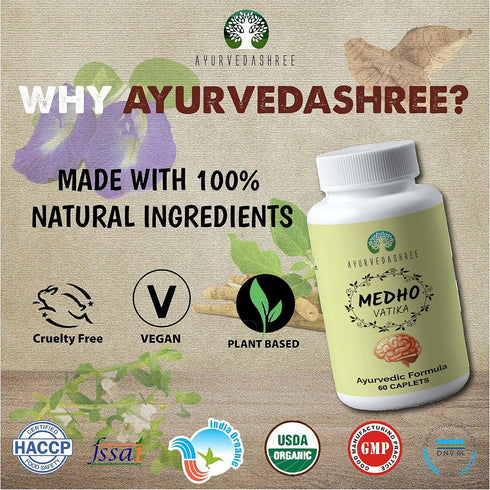 AYUREVDASHREE Medho Vatika 60 Caplets | Each 1000 MG Caplet Contains Extract of 8 Natural Herbs Such as Gingko, Brahmi, Neera Brahmi, Ashwagandha,...