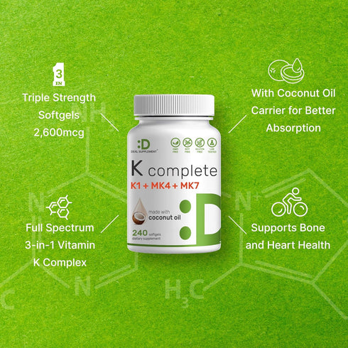 DEAL SUPPLEMENT Premium K Complete - High Potency Vitamin K1, K2 MK-7 & MK-4 Complex, 240 Coconut Oil Infused Softgels - Full Spectrum Triple Vita...