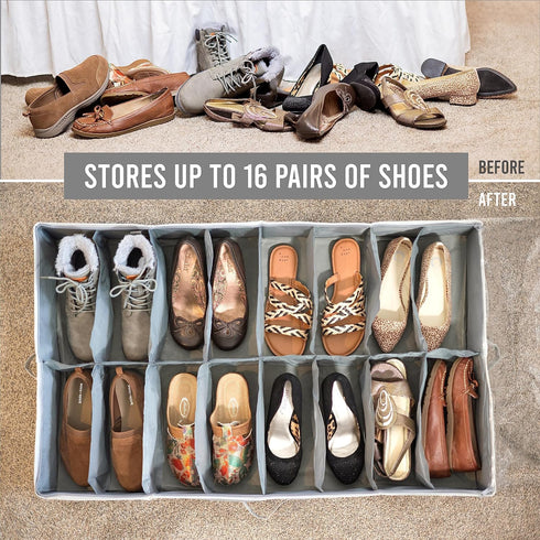 Under Bed Shoe Storage Organizer - TEAR-RESISTANT Heavy Duty 600D Material - Fits All Styles Men's and Women's Shoes, Up to 16 Pairs - Extra-Stron...