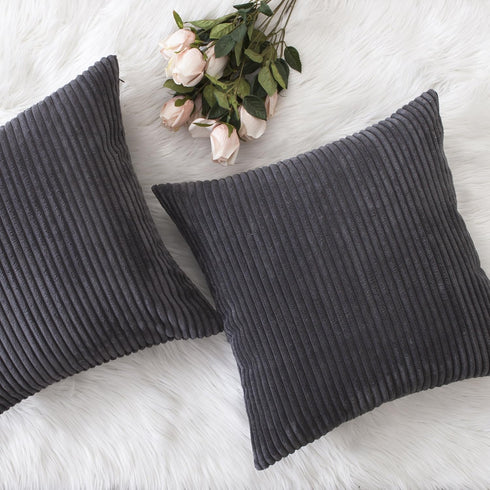 Home Brilliant Grey Pillow Covers 18 x 18 Set of 2 Soft Decorative Striped Corduroy Velvet Square Throw Pillow Cover for Sofa Couch, 18x18 inch, D...