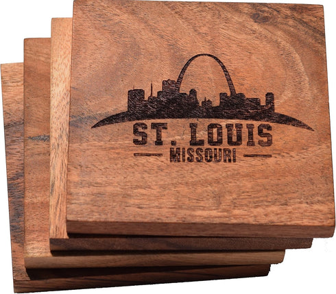 St Louis Coasters, St Louis Skyline Drink Coasters - St Louis Gifts & Souvenirs, Engraved Acacia Wood Coasters with St Louis Skyline Design – St L...