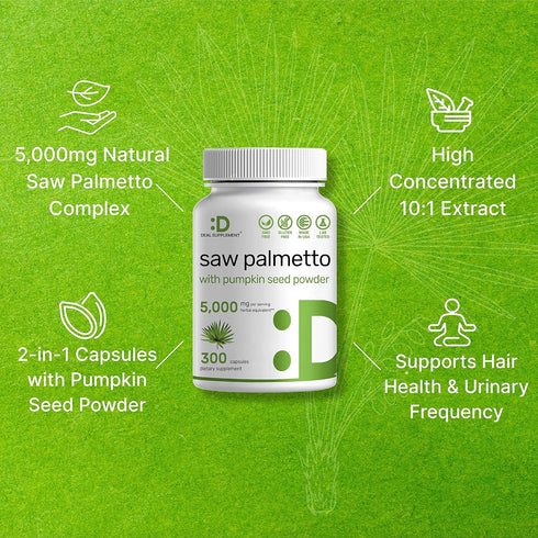 Saw Palmetto Supplement 5000mg with Pumpkin Seed, 300 Capsules | Promotes Prostate Health | DHT Blocker | Hair Growth Vitamins, Maintain Normal Ur...