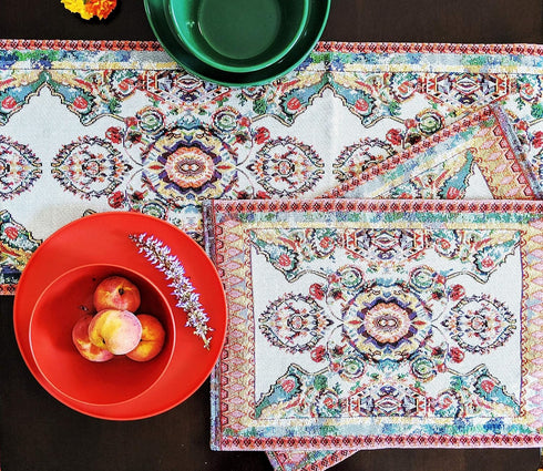 Tache Rococo Elegant Ornate Ivory Colorful Paisley Dining Cotton Linen Tapestry Woven Table Runner 13x90...