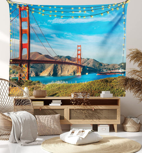 Ambesonne Landscape Tapestry, Golden Gate San Francisco Sunny Summer Day Ocean Stones Touristic, Wide Wall Hanging for Bedroom Living Room Dorm, 6...