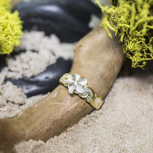 Honolulu Jewelry Company Sterling Silver Two Tone Plumeria Flower Nature Hawaiian Scroll CZ Toe Ring with 14K Yellow Gold Plated Trim...