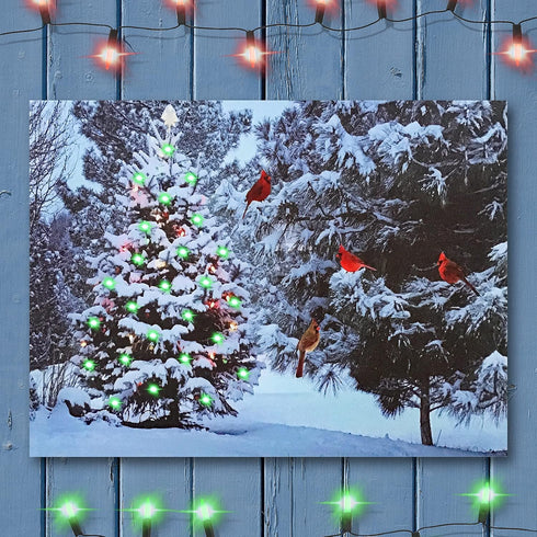 BANBERRY DESIGNS Lighted Christmas Tree & Cardinal Birds LED Canvas Print - Snowy Winter - Forest Pine Trees - Winter Scene Wall Art Measures 15.7...