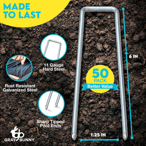 Gray Bunny 6 Inch 50 Pack U-Shaped Garden Stakes, 11 Gauge Galvanized Landscape Staples, Rustproof Garden Staples for Landscaping Securing Weed Ba...