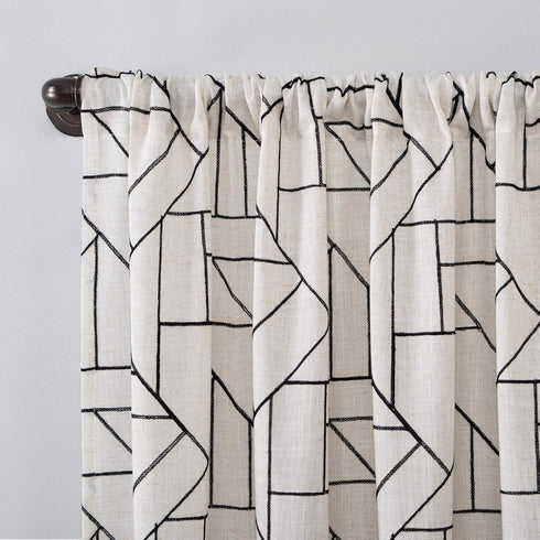 Archaeo Fragmented Geometric Embroidery Mid-Century Modern Natural Linen Blend Curtain, 50" x 63", Black/Linen...