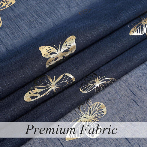 Jubilantex Butterfly Sheer Curtains Navy Blue Drapery with Gold Print Pattern 63 Inch Long, Kids Nursery Bedroom Voile Linen Textured Curtain Rod ...
