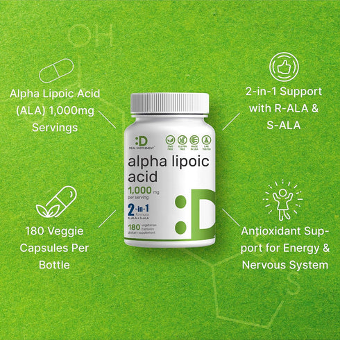 Alpha Lipoic Acid 1,000mg, 180 Veggie Capsules – 50/50 R-ALA & S-ALA for Max Bioavailability – Antioxidant Supplement – Energy & Nervous System Su...