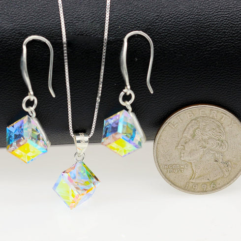 Uloveido Girl's Square Cube Authentic Austrian Crystal Hook Earrings and Rainbow Necklace Sets for Women - 925 Sterling Silver Wedding Engagement ...