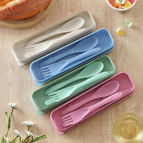 Reusable Travel Utensils Set with Case, 4 Pack Reusable Wheat Straw Portable Utensils Set with Case, Travel Utensils for Lunch, Camping, Picnic, T...