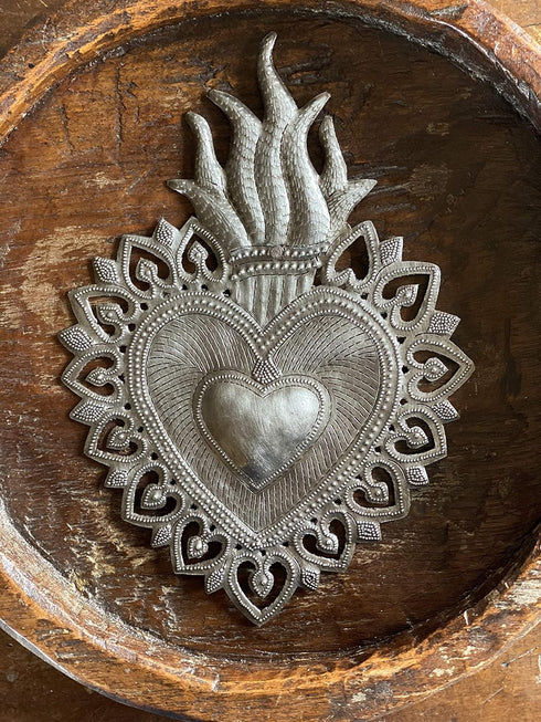 Sacred Heart, Flaming Heart, Religious Folk Art, Spiritual Home Decor, Haitian Metal Wall Art 7.25 X 10.25 Inches...