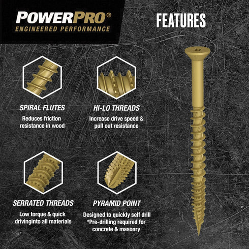 Power Pro Premium One Multi-Material Flat Head Screws, Epoxy Coated Steel, Fasten in Wood, Metal, Concrete, Drywall and Plastic, Bronze, #10 x 2 i...