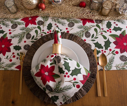 DII Woodland Holly Christmas Holiday Kitchen & Table Décor, Table Runner, 14x72, Poinsettia & Christmas Greenery...