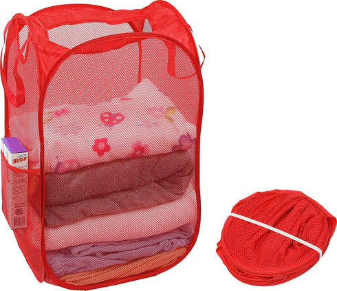 Simple Houseware Mesh Pop-Up Laundry Hamper Basket with Side Pocket, Red - 2 Pack...