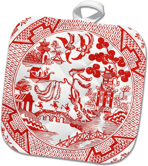 3dRose Pot Holder Willow Pattern Detail in Red and White, 8 by 8"...