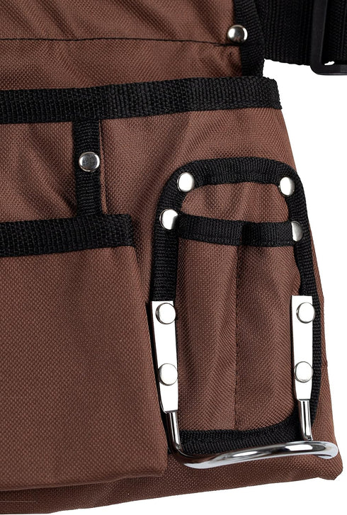 11 Pocket Brown and Black Heavy Duty Construction Tool Belt, Work Apron, Tool Pouch, with Poly Web Belt Quick Release Buckle - Adjusts from 33” In...