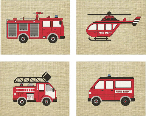 Artdash® exclusive Boy's Bedroom Art Prints: FIRE TRUCKS & Burlap (DR071) (8"×10")...