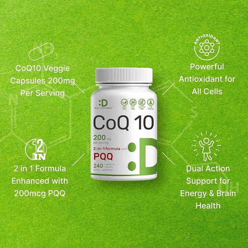 DEAL SUPPLEMENT CoQ10 200mg & PQQ 200mcg, 240 Veggie Capsules – 2 in 1 Coenzyme Q10 Supplement for Better Absorption – Antioxidant Support for Ene...