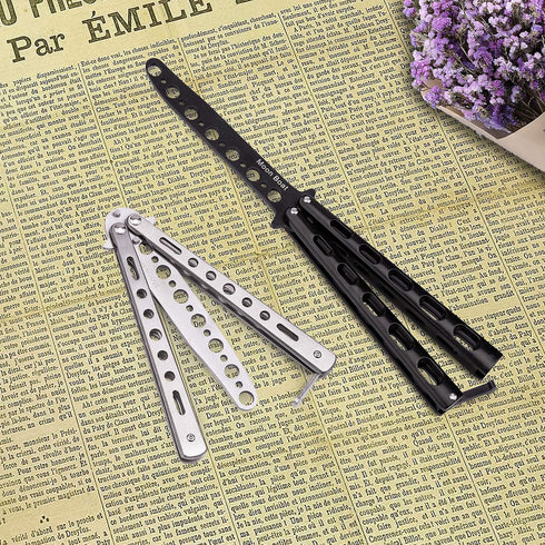 Moon Boat 2PCS Butterfly Knife Trainning Practice Comb Unsharpened Blade Black Silver...