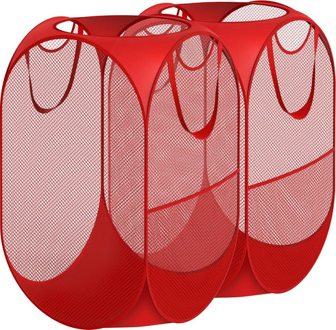 Simple Houseware Mesh Pop-Up Laundry Hamper Basket with Side Pocket, Red - 2 Pack...