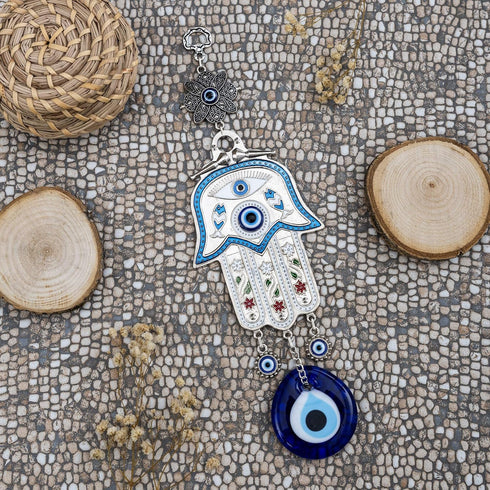 Turkish Blue Hamsa Hand of Mother Fatima Evil Eye Wall Hanging Ornament - Turkish Nazar Bead Amulet – Good Luck Charm Gift -Metal Home Protection ...