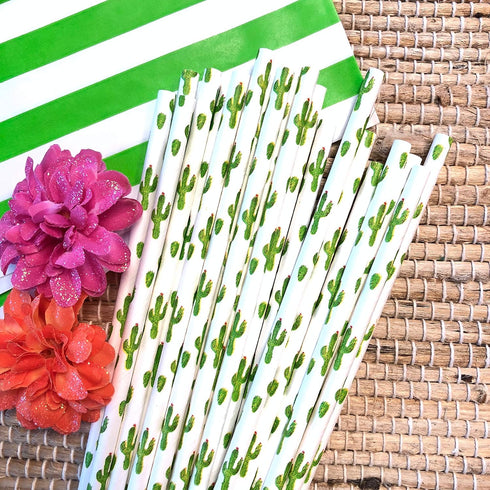 Cactus Themed Paper Straws - Green White Succulents - 50 Pack...