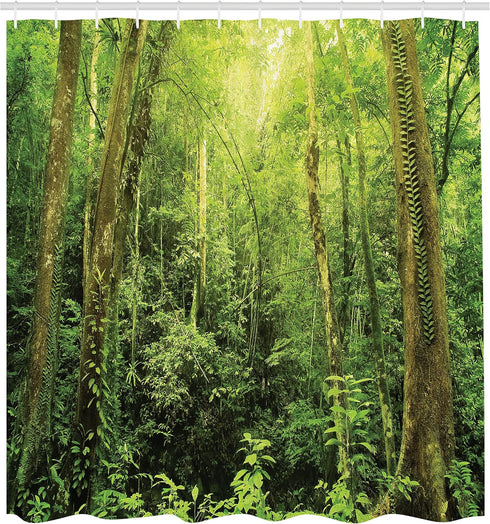 Ambesonne Rainforest Decorations Shower Curtain Set, Tropical Rainforest Landscape Malaysia Asia Green Tree Trunks Uncultivated Wood, Bathroom Acc...