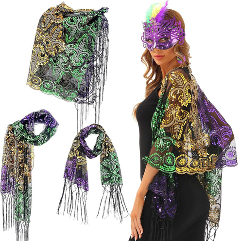 QLINLEAF Mardi Gras Shawl Scarf Sequin Mardi Gras Outfit for Women with Headband and Earrings Canival Party Favor...