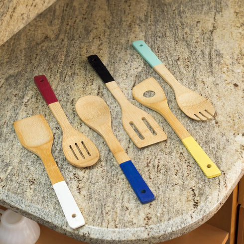 Home Basics Bamboo Cooking Utensils Set with Color Handles, 6-Piece, 2.5" x 12" x .25"...