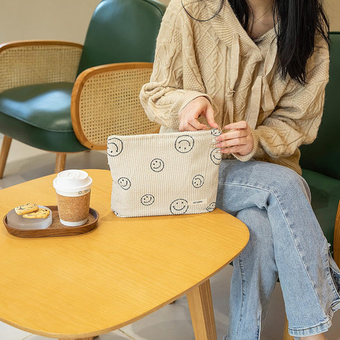 Makeup Bag For Women - Corduroy Cosmetic Bags Aesthetic Design Ladies Tote Bag,Women's Pencil Case,Cute Smiley Face Makeup Organizer with Zipper (...