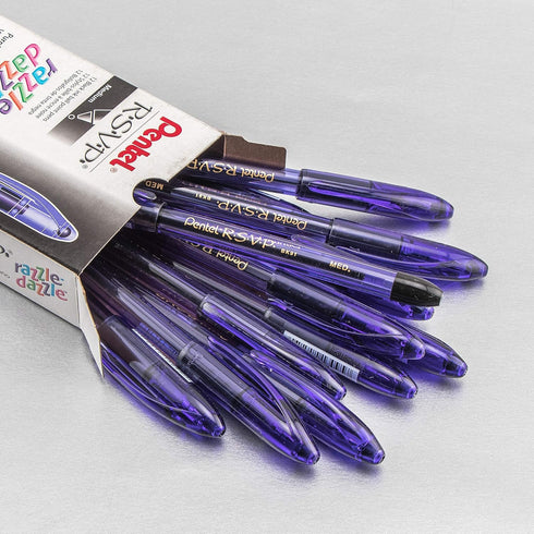 Pentel RSVP Razzle-Dazzle Ballpoint Pen, (1.0mm) Medium Line, Violet Barrel, Black Ink, Box of 12 (BK91RDV-A)...