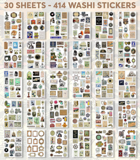 411 Vintage Washi Stickers & 20 Scrapbook Papers - FAYWARE Ephemera for Junk Journals & Scrapbooking...